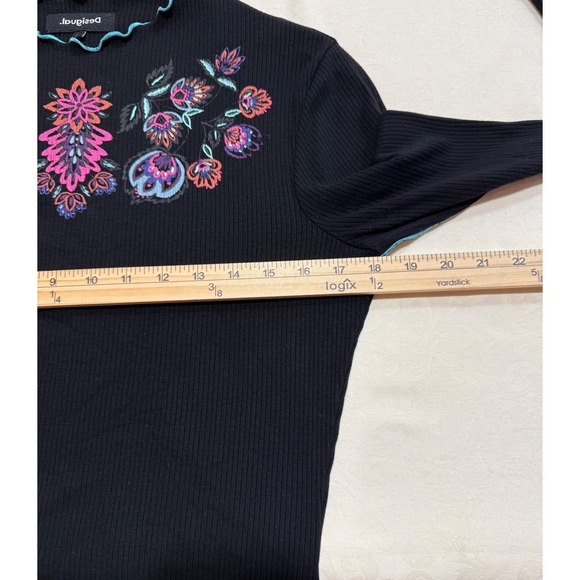 Desigual Black Ribbed Mock Neck Long Sleeve Floral Women's Top Size L Artsy - Picture 5 of 11